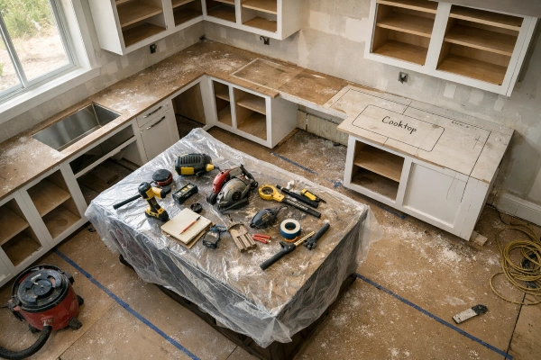 Kitchen remodel in progress showing cabinet installation phase