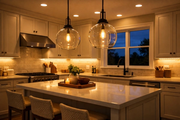 Layered kitchen lighting with pendants and under-cabinet lights