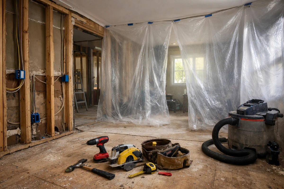 Home interior during active remodel with dust barriers and exposed framing