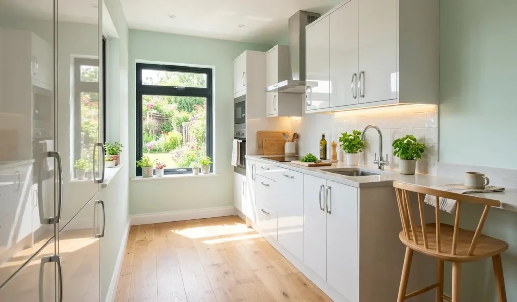 Bright small kitchen with pastel walls and reflective cabinet doors