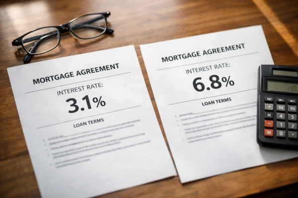 Mortgage rate comparison showing 2021 vs 2026 interest rates
