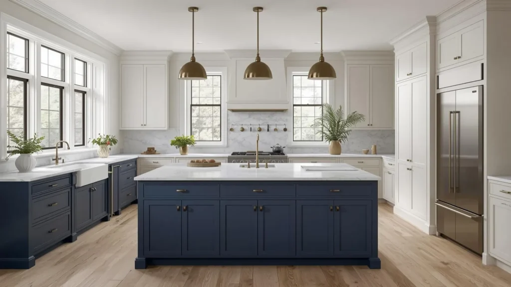 7 Best Kitchen Cabinet Color Ideas Worth Your Money In 2026 2 Navy blue kitchen island cabinets with warm white perimeter and brass hardware