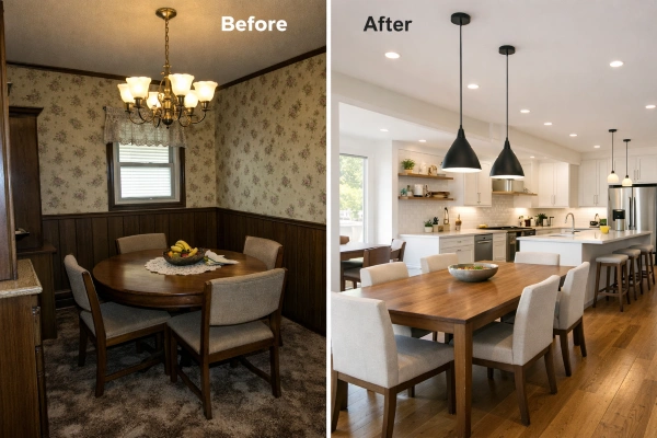 Before and after open-concept dining room remodel connected to kitchen