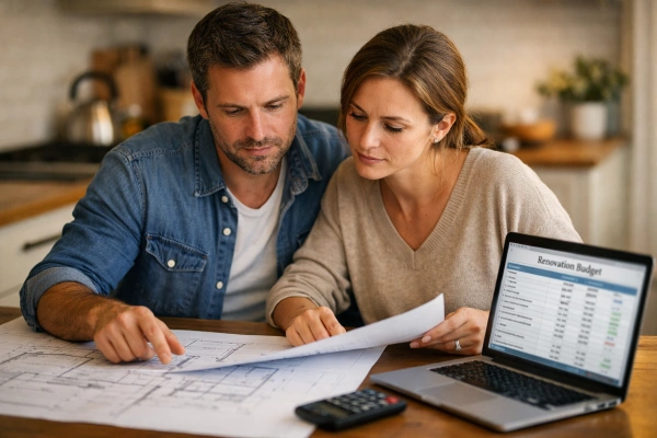 Couple reviewing home remodel plans and budget at kitchen table