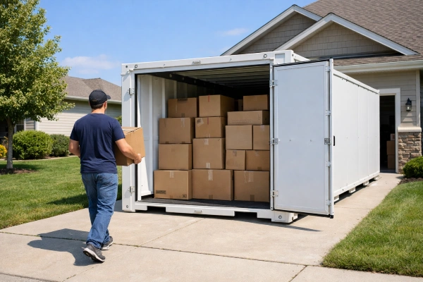 Portable storage container in driveway for storing belongings during home remodel