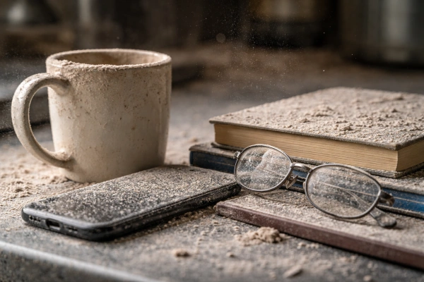 Construction dust covering household items during home renovation