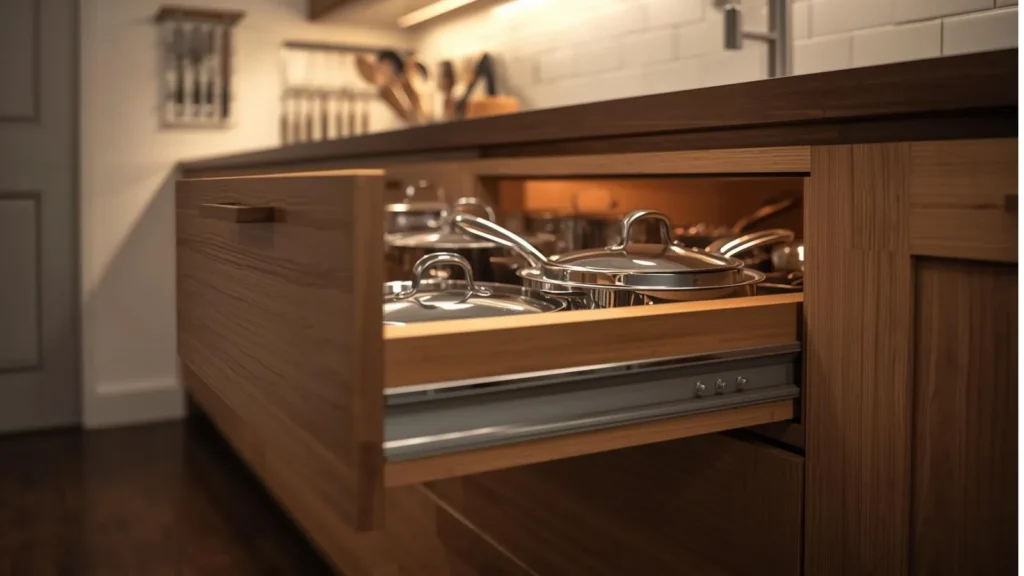 Pullout storage drawer in a small kitchen remodel with organized utensils