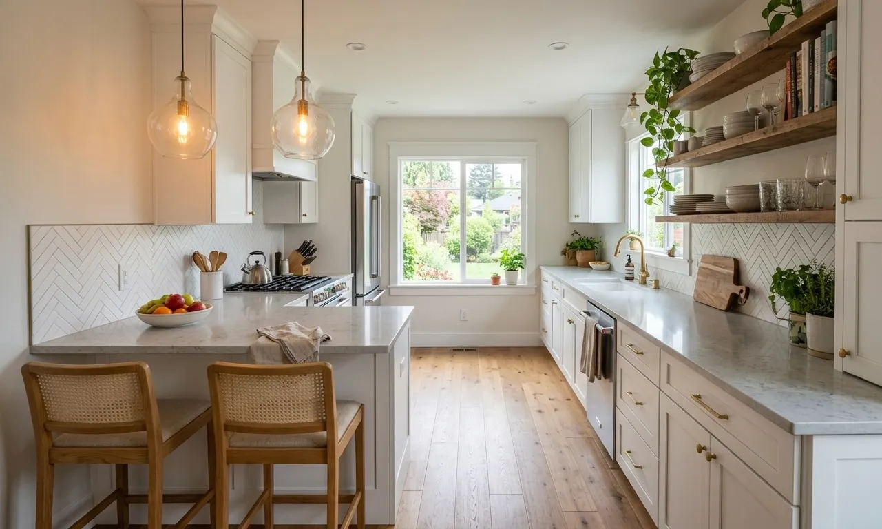 Kitchen remodeling for small kitchen with white cabinets and modern galley