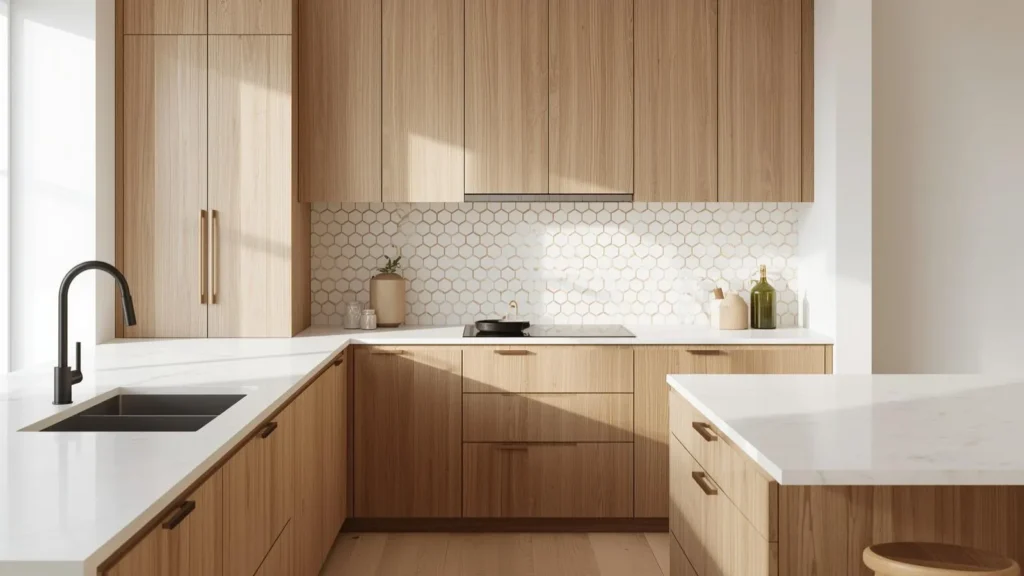 7 Best Kitchen Cabinet Color Ideas Worth Your Money In 2026 5 Light stained white oak kitchen cabinets with quartz counters and zellige backsplash