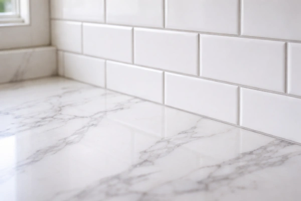 White subway tile backsplash with quartz marble-look countertop
