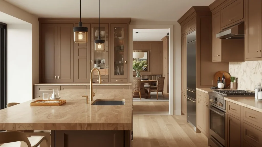 7 Best Kitchen Cabinet Color Ideas Worth Your Money In 2026 1 Warm mushroom-toned kitchen cabinet color ideas in an open-plan home with brass hardware