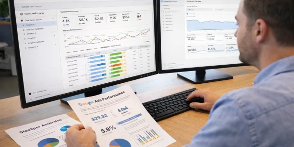 Google Ads expert analyzing data in Houston, TX office