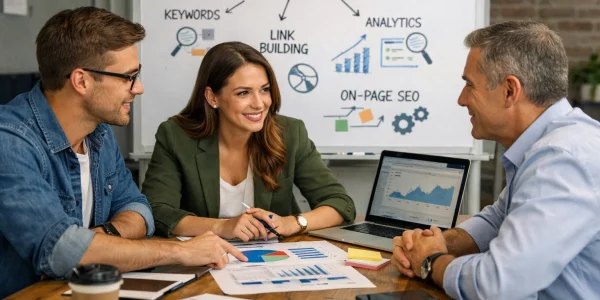 Marketing team presenting an SEO strategy during a client meeting in Philadelphia, PA