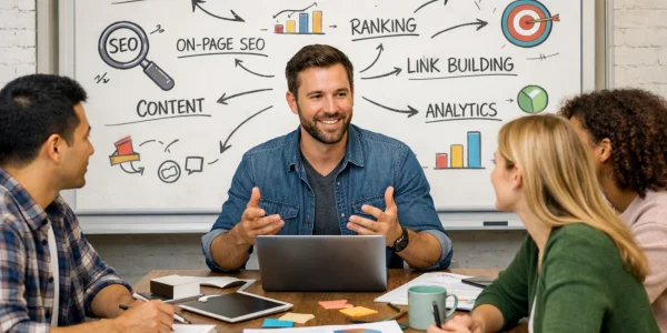 SEO expert strategizing with a team in San Antonio, TX office