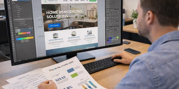 Web designer editing home renovation site in Houston, TX